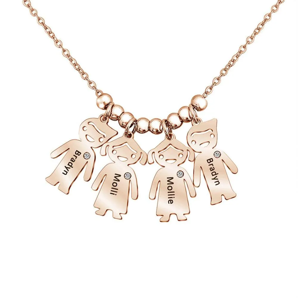 Personalized 925 Sterling Silver My Children Engraved Necklace - 4 Custom Name Engravings on the Children Designed German Silver Plate