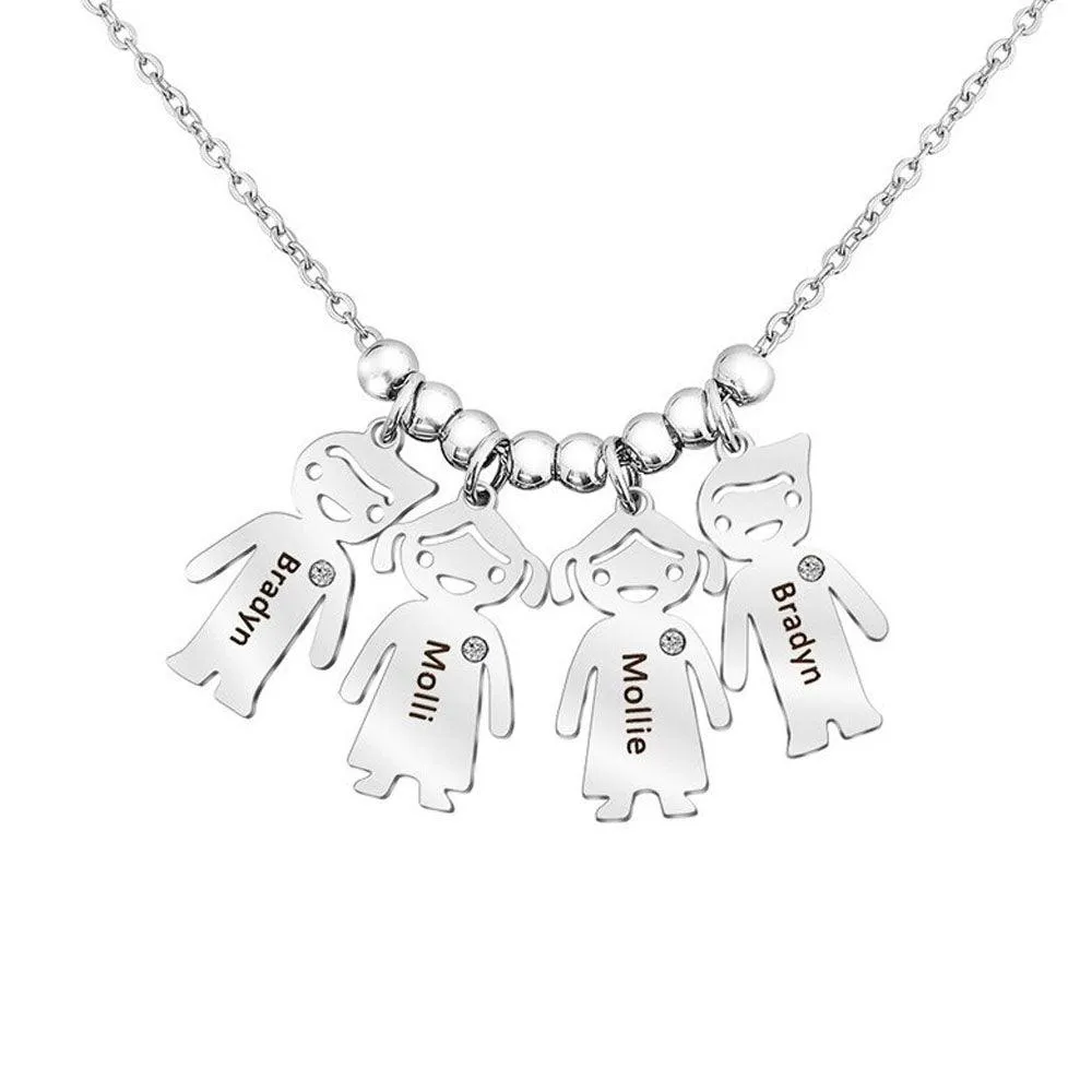 Personalized 925 Sterling Silver My Children Engraved Necklace - 4 Custom Name Engravings on the Children Designed German Silver Plate