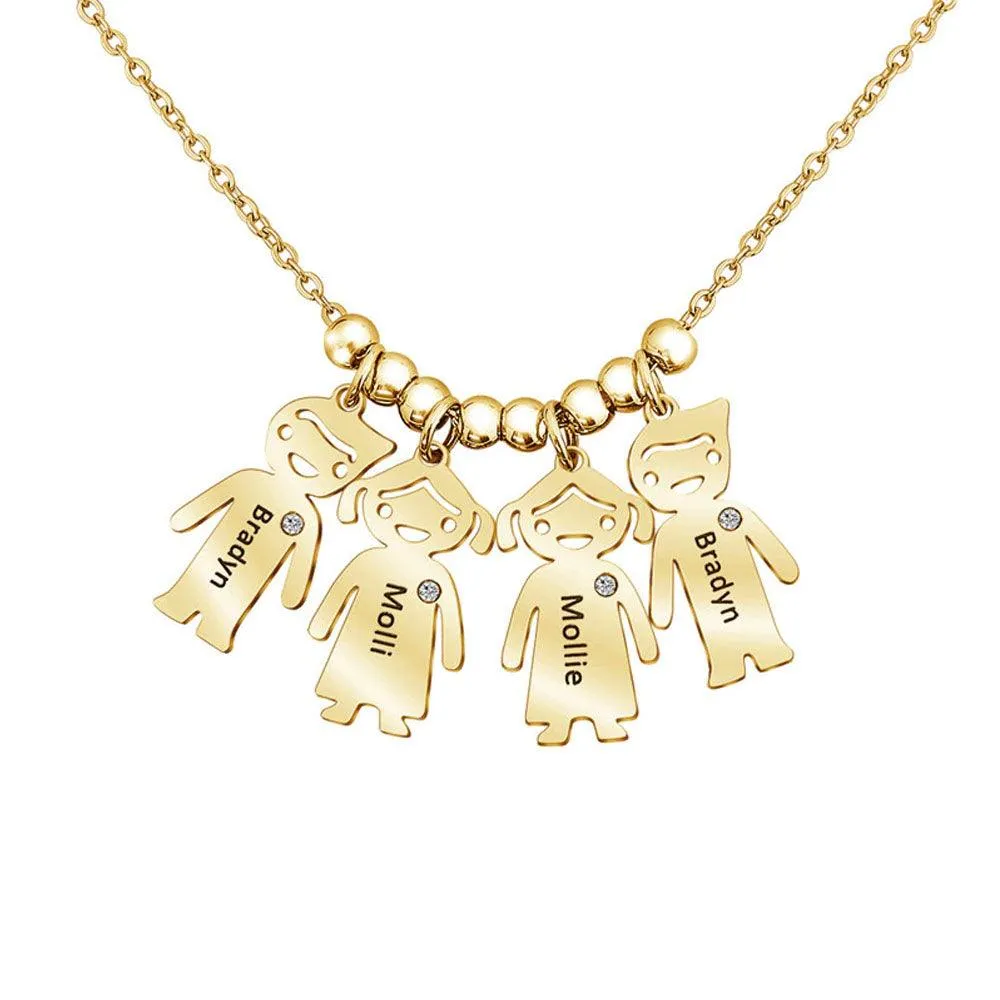 Personalized 925 Sterling Silver My Children Engraved Necklace - 4 Custom Name Engravings on the Children Designed German Silver Plate